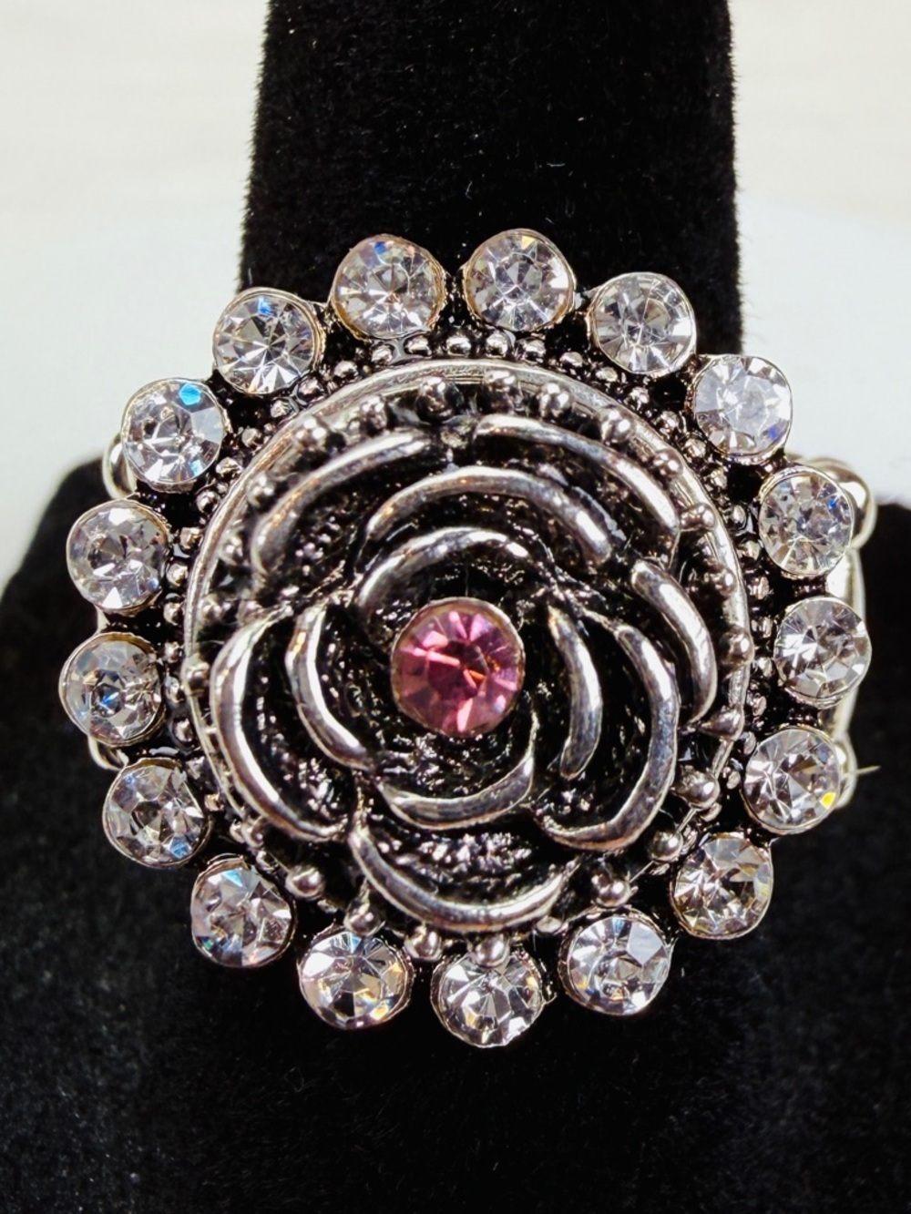 Silvertone, interchangeable button, stretch, statement ring